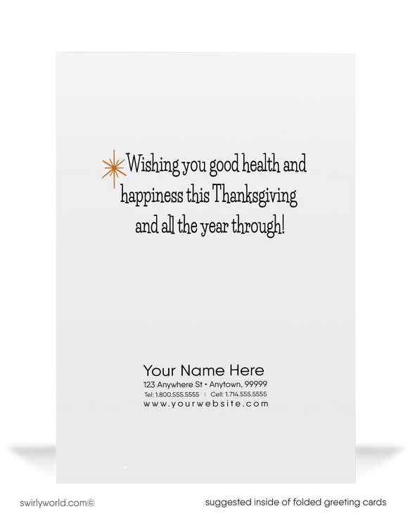 Celebrate Thanksgiving with Swirly World's vintage-inspired cards! Featuring a kitschy pilgrim girl holding a wishbone, these retro mid-century designs are perfect for adding nostalgic charm to your holiday greetings. Available in flatcard or folded styles with custom envelope options.