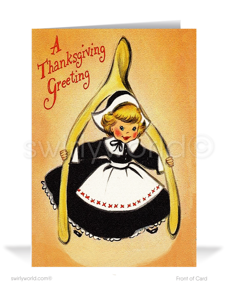 Celebrate Thanksgiving with Swirly World's vintage-inspired cards! Featuring a kitschy pilgrim girl holding a wishbone, these retro mid-century designs are perfect for adding nostalgic charm to your holiday greetings. Available in flatcard or folded styles with custom envelope options.