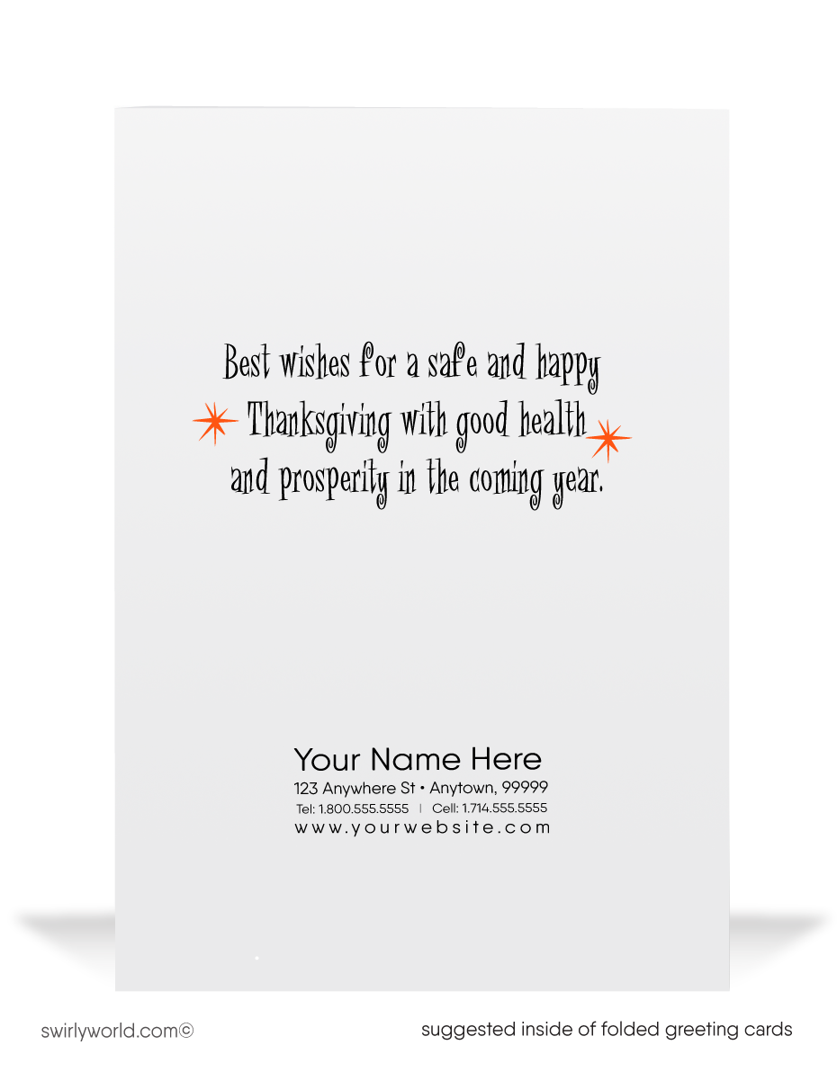 Step into the 1950s-60s with our vintage Thanksgiving cards! Featuring a charming turkey peeking behind a rustic wooden fence with "Happy Thanksgiving" against an autumn orange background. Printed on premium thick cardstock, available in flat or folded styles, with optional custom envelopes for a personalized touch.