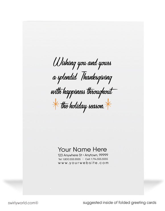 Step back to the 1950s-60s with our vintage Thanksgiving cards! Featuring a classic illustration of a 1950s woman holding a turkey and "Happy Thanksgiving" in retro typography, these cards blend nostalgia and elegance. Available in flat or folded styles with optional custom envelopes for a personal touch.
