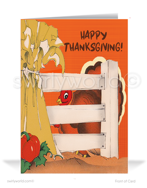 Step into the 1950s-60s with our vintage Thanksgiving cards! Featuring a charming turkey peeking behind a rustic wooden fence with "Happy Thanksgiving" against an autumn orange background. Printed on premium thick cardstock, available in flat or folded styles, with optional custom envelopes for a personalized touch.