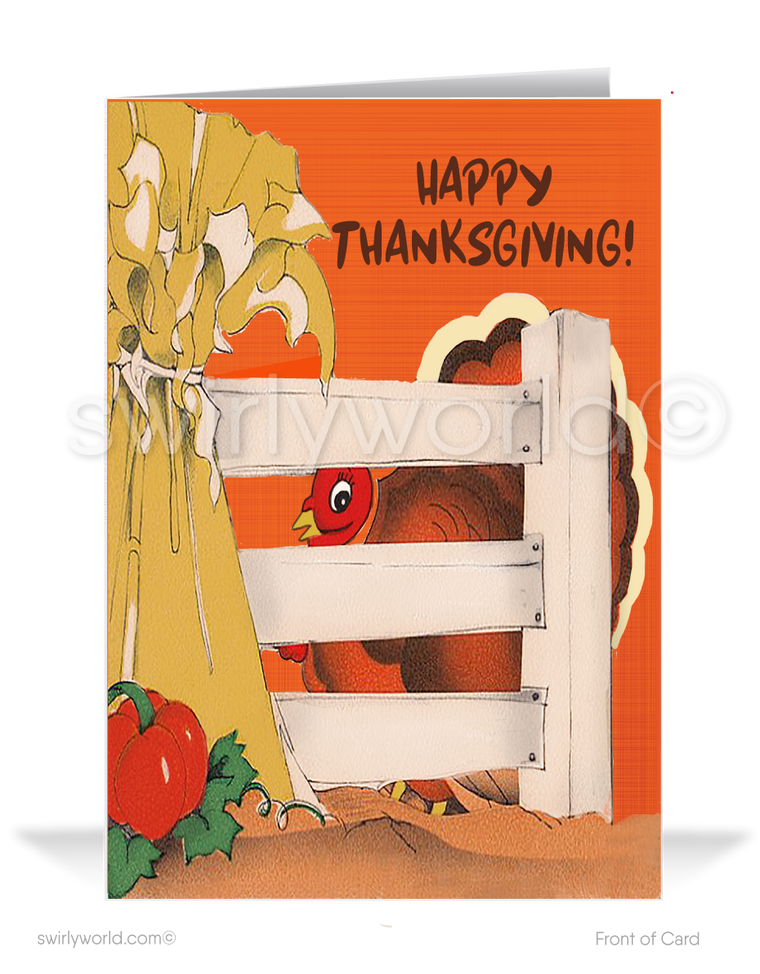 Step into the 1950s-60s with our vintage Thanksgiving cards! Featuring a charming turkey peeking behind a rustic wooden fence with "Happy Thanksgiving" against an autumn orange background. Printed on premium thick cardstock, available in flat or folded styles, with optional custom envelopes for a personalized touch.