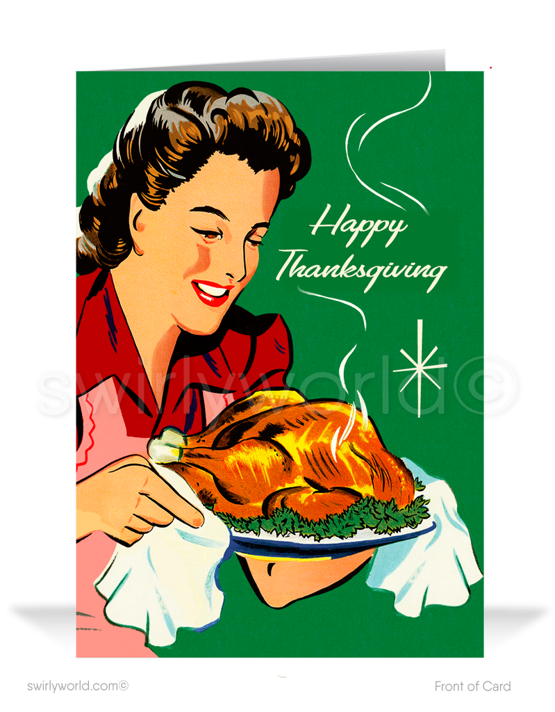 Step back to the 1950s-60s with our vintage Thanksgiving cards! Featuring a classic illustration of a 1950s woman holding a turkey and "Happy Thanksgiving" in retro typography, these cards blend nostalgia and elegance. Available in flat or folded styles with optional custom envelopes for a personal touch.