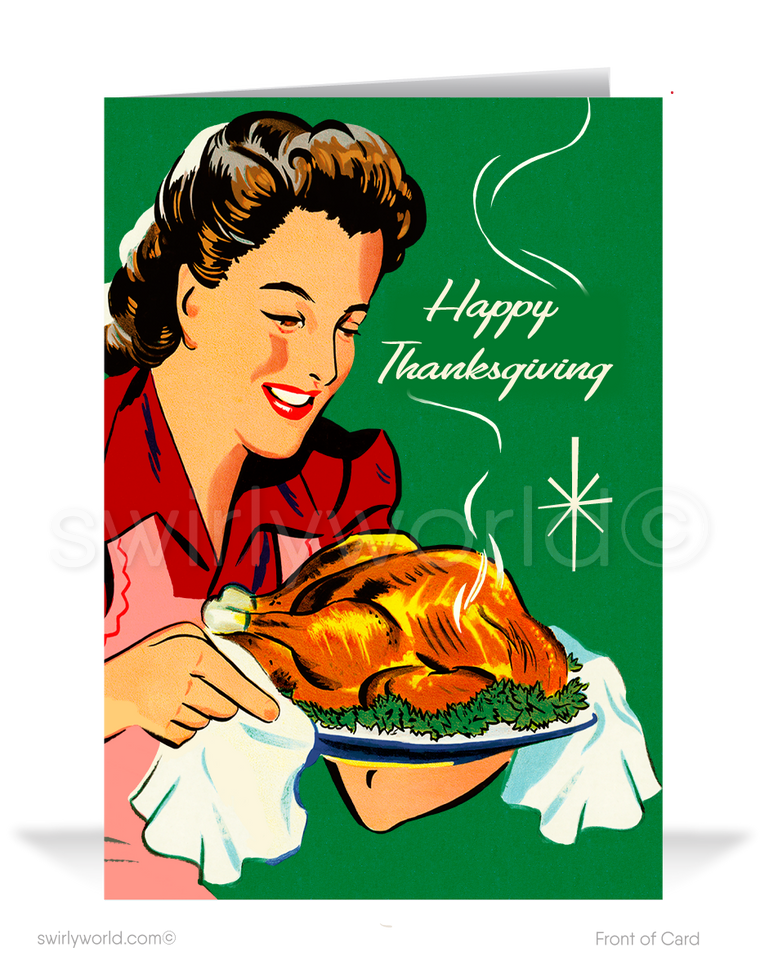 Step back to the 1950s-60s with our vintage Thanksgiving cards! Featuring a classic illustration of a 1950s woman holding a turkey and "Happy Thanksgiving" in retro typography, these cards blend nostalgia and elegance. Available in flat or folded styles with optional custom envelopes for a personal touch.