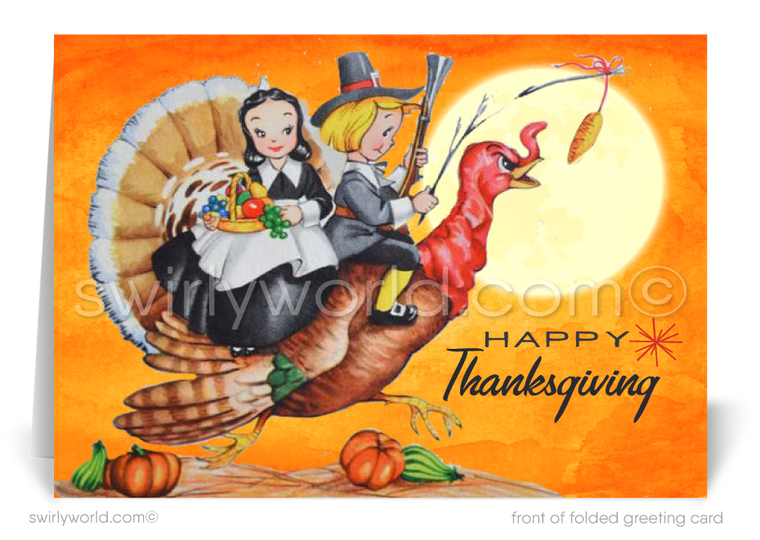 1Embrace mid-century charm with our vintage Thanksgiving card! Featuring a delightful scene of pilgrim children riding a turkey, paired with retro "Happy Thanksgiving" typography. Printed on premium cardstock for a memorable touch. Available in flat or folded styles, with optional custom envelopes.