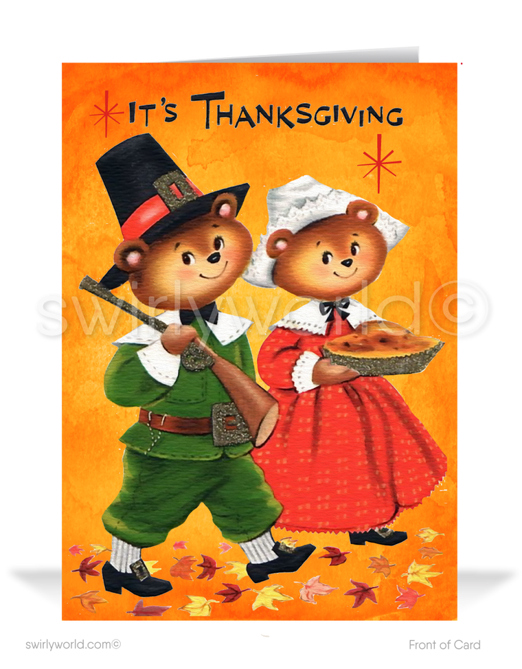 Step back to the 1950s-60s with our vintage Thanksgiving cards! Featuring two kitschy bears dressed as pilgrims preparing for a Thanksgiving meal, this retro design captures the holiday’s charm. Available in flat or folded styles, with optional custom envelopes for a personal touch. Perfect for a nostalgic and elegant Thanksgiving greeting!