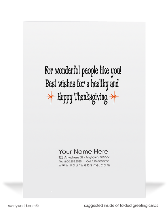 Embrace 1950s-60s charm with Swirly World's vintage Thanksgiving card! Featuring a turkey dressed as a pilgrim holding a "So Very Thankful" sign, this retro design includes starbursts on a warm yellow background. Customize with Corjl, available in flat or folded styles with optional custom envelopes for a personal touch.