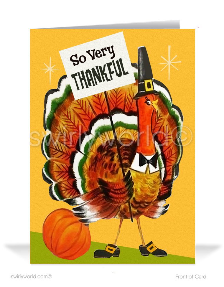 Embrace 1950s-60s charm with Swirly World's vintage Thanksgiving card! Featuring a turkey dressed as a pilgrim holding a "So Very Thankful" sign, this retro design includes starbursts on a warm yellow background. Customize with Corjl, available in flat or folded styles with optional custom envelopes for a personal touch.