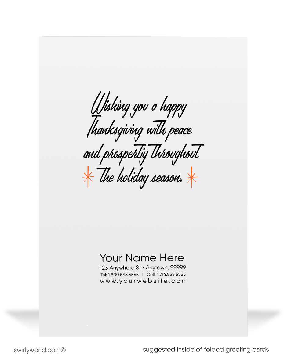Step into the 1950s-60s with Swirly World's charming Thanksgiving card! Featuring a pinup in a pilgrim costume and retro starbursts on a vibrant orange backdrop, this card is customizable via Corjl. Printed on premium cardstock, available in flat or folded styles, with optional custom envelopes for a personal touch.