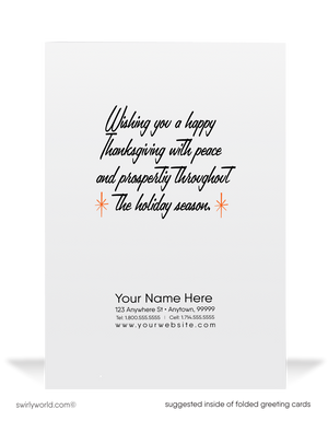 Vintage Pinup Mid-Century Thanksgiving Card with Retro Pilgrim Design and Starbursts