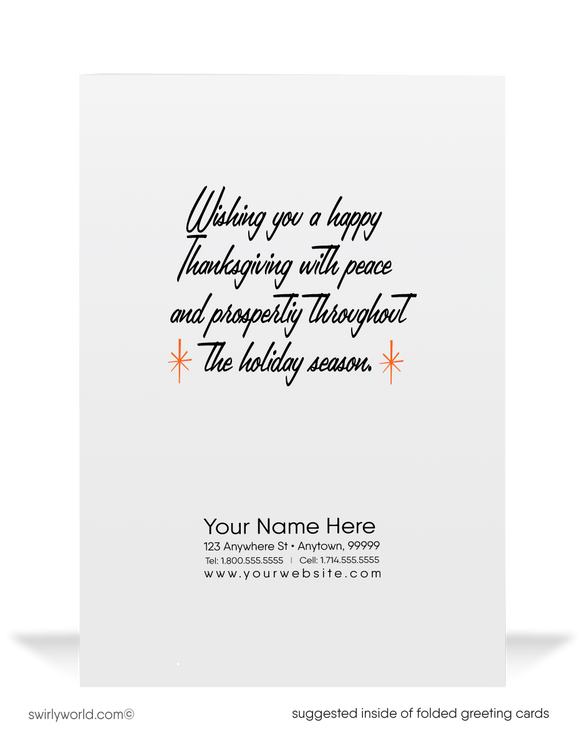 Step into the 1950s-60s with Swirly World's charming Thanksgiving card! Featuring a pinup in a pilgrim costume and retro starbursts on a vibrant orange backdrop, this card is customizable via Corjl. Printed on premium cardstock, available in flat or folded styles, with optional custom envelopes for a personal touch.