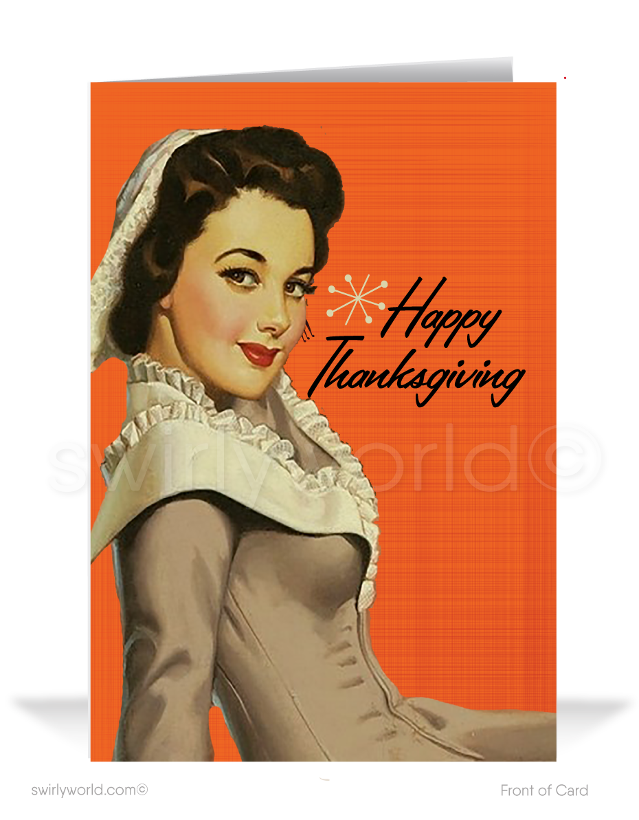 Step into the 1950s-60s with Swirly World's charming Thanksgiving card! Featuring a pinup in a pilgrim costume and retro starbursts on a vibrant orange backdrop, this card is customizable via Corjl. Printed on premium cardstock, available in flat or folded styles, with optional custom envelopes for a personal touch.