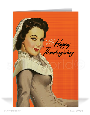Step into the 1950s-60s with Swirly World's charming Thanksgiving card! Featuring a pinup in a pilgrim costume and retro starbursts on a vibrant orange backdrop, this card is customizable via Corjl. Printed on premium cardstock, available in flat or folded styles, with optional custom envelopes for a personal touch.
