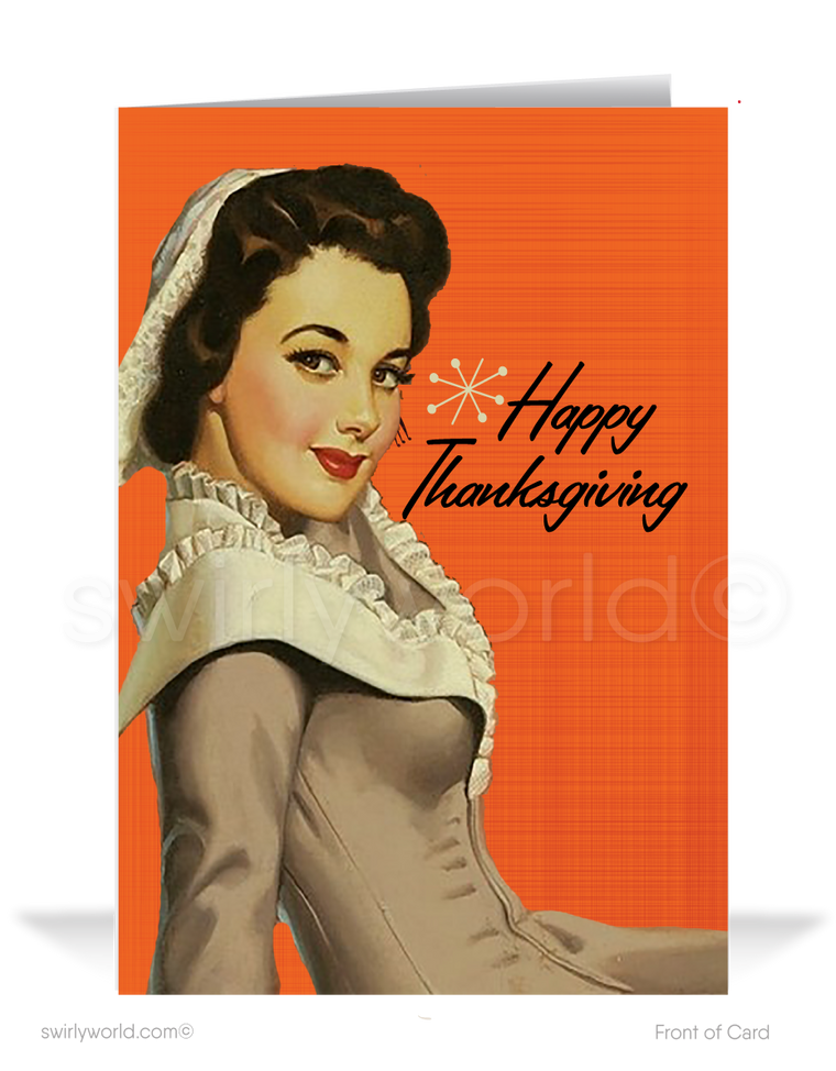Step into the 1950s-60s with Swirly World's charming Thanksgiving card! Featuring a pinup in a pilgrim costume and retro starbursts on a vibrant orange backdrop, this card is customizable via Corjl. Printed on premium cardstock, available in flat or folded styles, with optional custom envelopes for a personal touch.