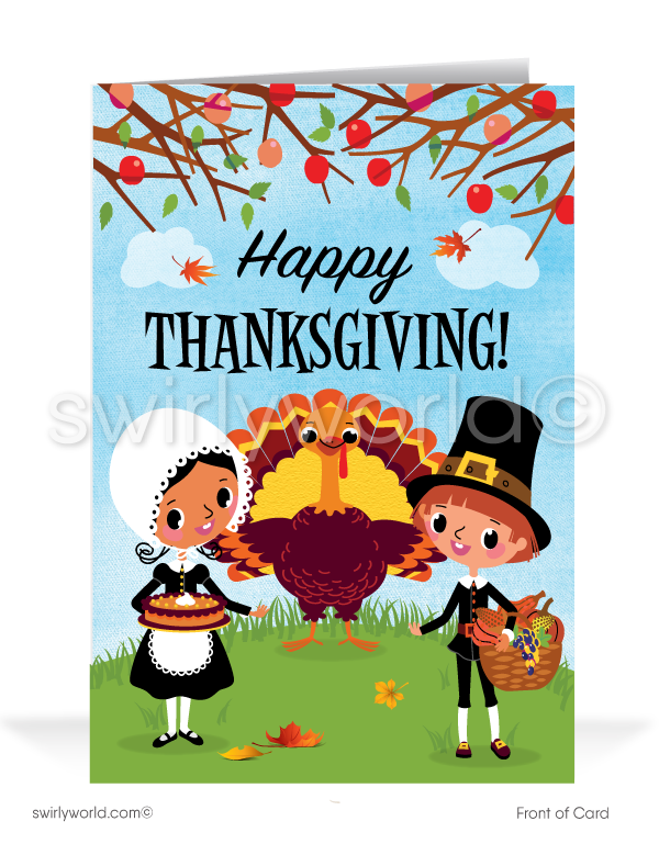 Celebrate Thanksgiving with Swirly World! Our playful card features charming pilgrims surrounding a cute turkey, with "Happy Thanksgiving" on the front and "From Our Crew To You!" inside. Personalize the wording and envelopes for a unique touch. Strengthen business connections this holiday season.