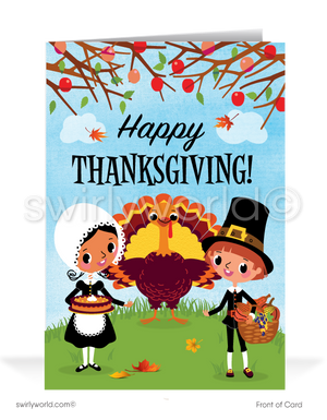 Celebrate Thanksgiving with Swirly World! Our playful card features charming pilgrims surrounding a cute turkey, with "Happy Thanksgiving" on the front and "From Our Crew To You!" inside. Personalize the wording and envelopes for a unique touch. Strengthen business connections this holiday season.