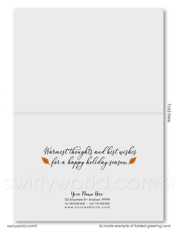 Swirly World Thanksgiving Cards - Embrace autumn’s warmth with our whimsical Thanksgiving card, featuring a vibrant tree with fall leaves in orange, rust, brown, and yellow. Customizable and crafted on premium cardstock, these cards let you share heartfelt messages with clients, leaving a memorable impression this season.