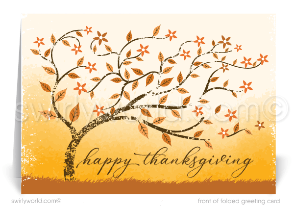 Swirly World Thanksgiving Cards - Embrace autumn’s warmth with our whimsical Thanksgiving card, featuring a vibrant tree with fall leaves in orange, rust, brown, and yellow. Customizable and crafted on premium cardstock, these cards let you share heartfelt messages with clients, leaving a memorable impression this season.