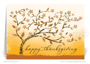 Swirly World Thanksgiving Cards - Embrace autumn’s warmth with our whimsical Thanksgiving card, featuring a vibrant tree with fall leaves in orange, rust, brown, and yellow. Customizable and crafted on premium cardstock, these cards let you share heartfelt messages with clients, leaving a memorable impression this season.