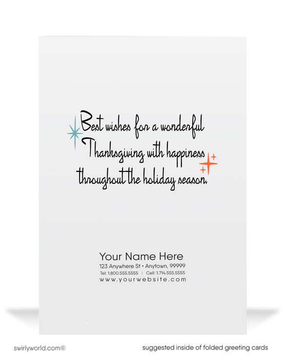 Take a trip to the 1950s-60s with our vintage Thanksgiving cards! Featuring a kitschy turkey in a pilgrim hat with a pumpkin, these mid-century designs capture the essence of the holiday. Available in flat or folded styles with optional custom envelopes. Perfect for a nostalgic and elegant Thanksgiving greeting!