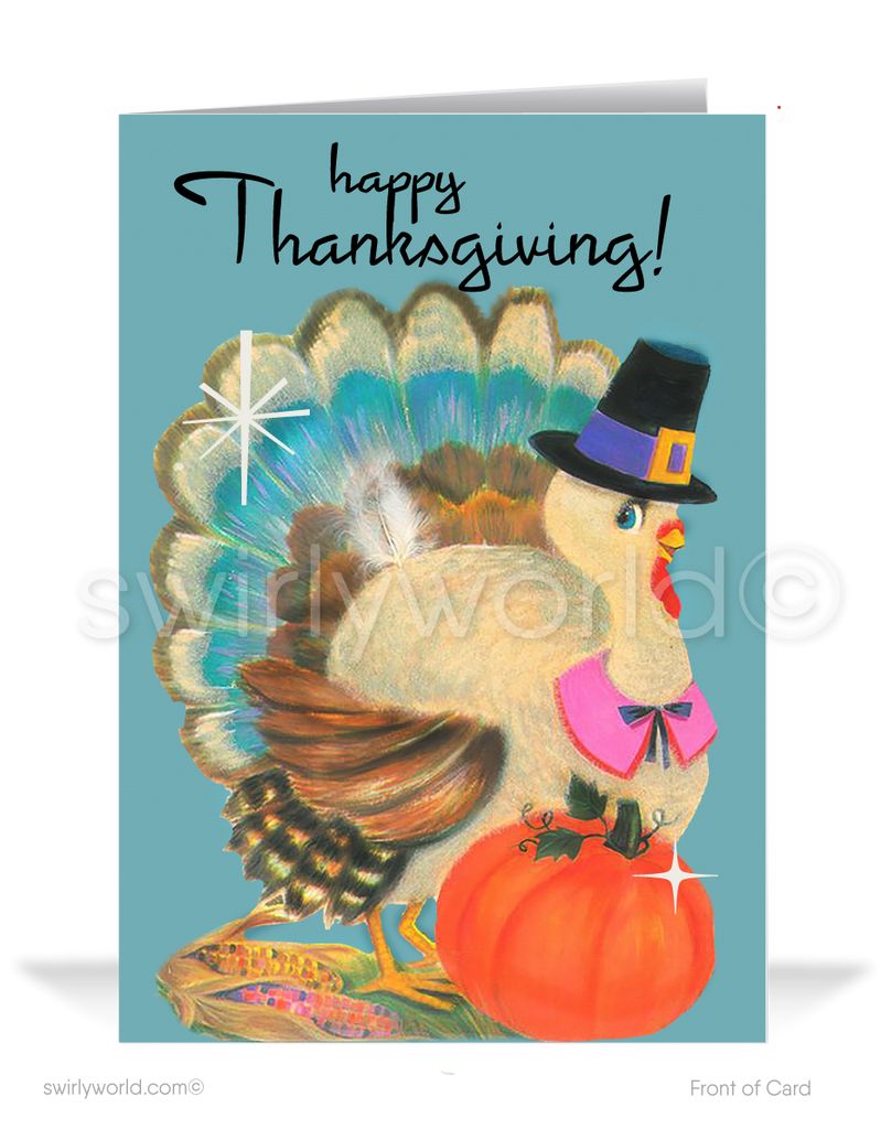 Take a trip to the 1950s-60s with our vintage Thanksgiving cards! Featuring a kitschy turkey in a pilgrim hat with a pumpkin, these mid-century designs capture the essence of the holiday. Available in flat or folded styles with optional custom envelopes. Perfect for a nostalgic and elegant Thanksgiving greeting!