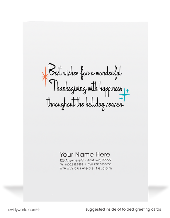 Embrace the charm of the 1950s-60s with Swirly World's vintage Thanksgiving card! Featuring a retro couple enjoying mashed potatoes and turkey, with atomic starbursts and "Happy Thanksgiving" in classic lettering. Customizable via Corjl, available in flat or folded styles, with optional custom envelopes.