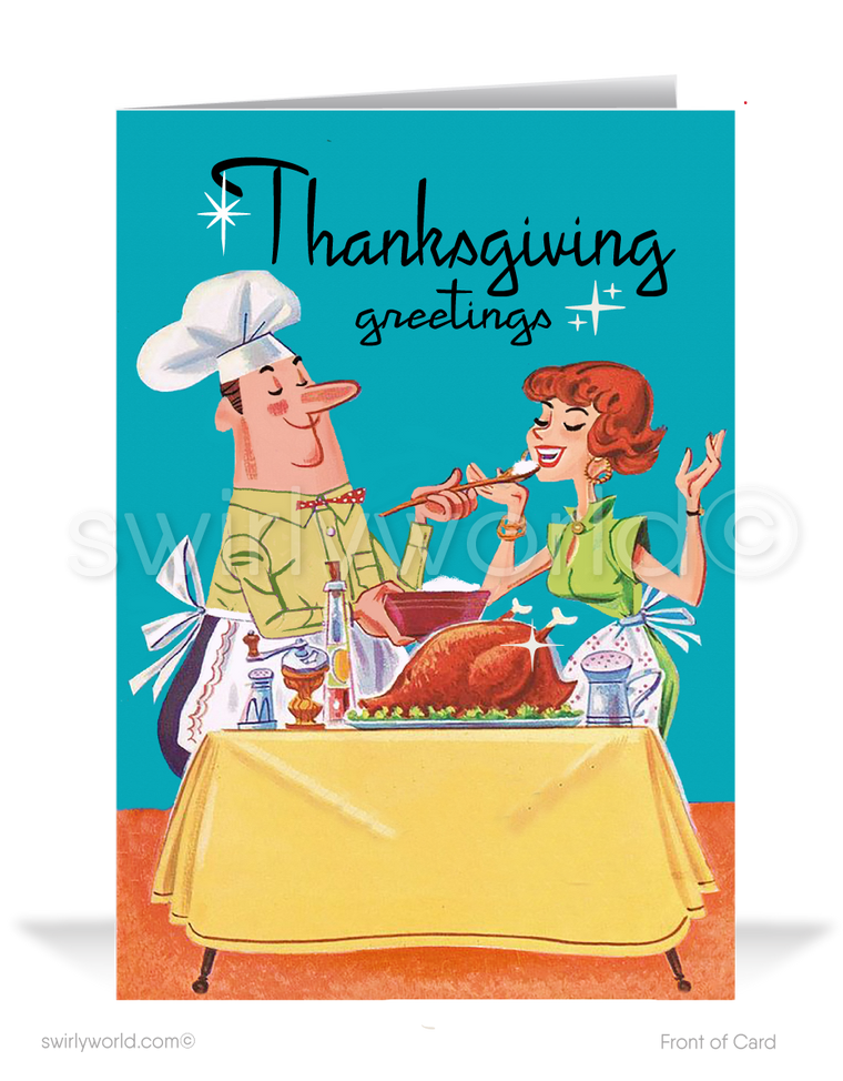 Embrace the charm of the 1950s-60s with Swirly World's vintage Thanksgiving card! Featuring a retro couple enjoying mashed potatoes and turkey, with atomic starbursts and "Happy Thanksgiving" in classic lettering. Customizable via Corjl, available in flat or folded styles, with optional custom envelopes.