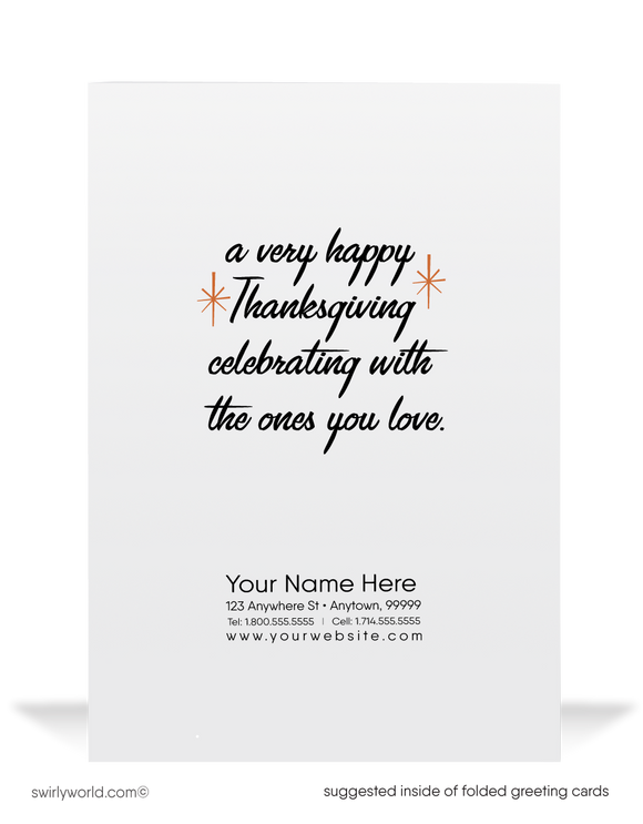 Celebrate Thanksgiving with Swirly World's elegant 1930s-1940s Art Deco cards! Featuring a little boy and girl holding a wishbone with fall accents, these vintage designs capture the nostalgia and charm of the era. Available in flatcards or folded styles with optional custom imprinted envelopes for personalization.