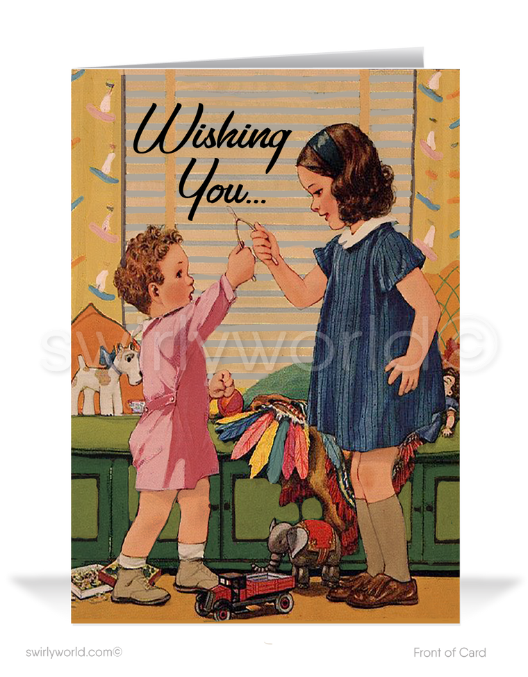 Celebrate Thanksgiving with Swirly World's elegant 1930s-1940s Art Deco cards! Featuring a little boy and girl holding a wishbone with fall accents, these vintage designs capture the nostalgia and charm of the era. Available in flatcards or folded styles with optional custom imprinted envelopes for personalization.