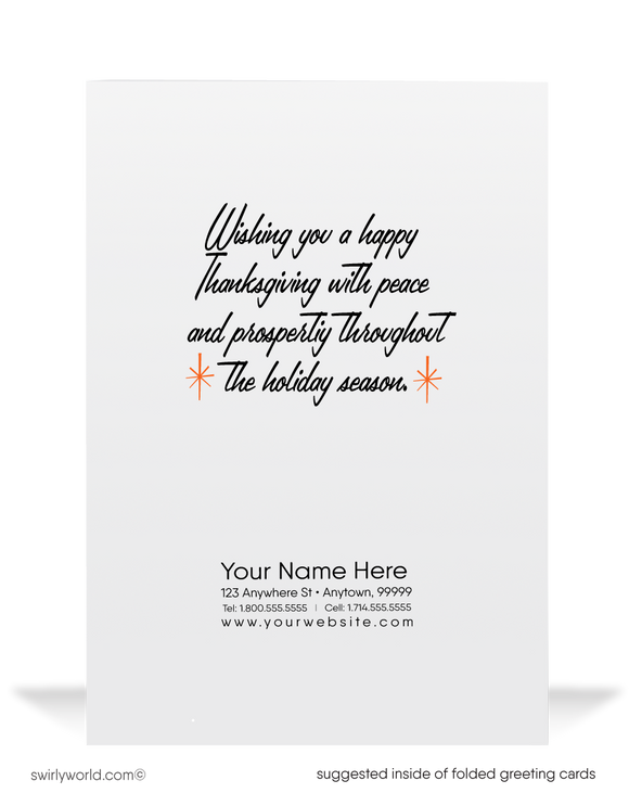 Embrace 1950s-60s charm with Swirly World's Thanksgiving card! Featuring a pilgrim turkey holding a "So Very Thankful" sign, this retro design is printed on thick, premium cardstock with retro starbursts on a warm yellow backdrop. Available in flat or folded styles, with optional custom envelopes for a personal touch.
