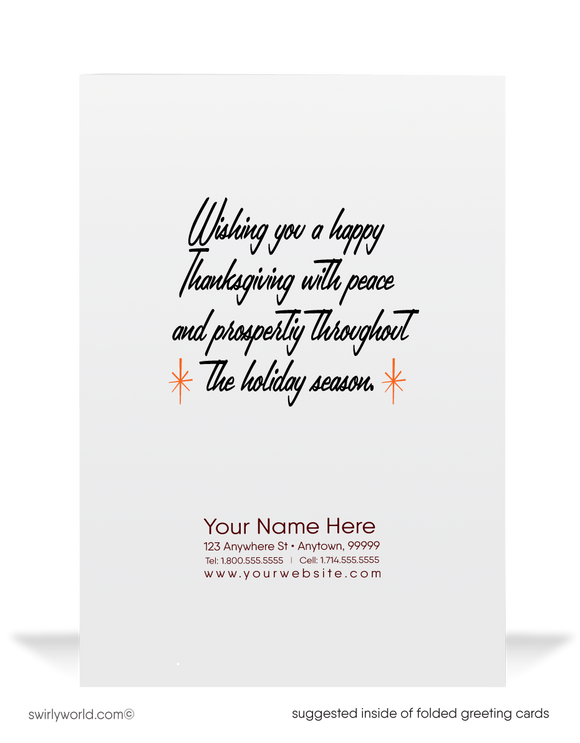 Step back to the 1950s-60s with our vintage Thanksgiving cards! Featuring retro fall elements that capture the charm of the era, these meticulously crafted cards offer the perfect blend of nostalgia and elegance. Available in flat or folded styles, with optional custom envelopes for a personalized touch. Perfect for Thanksgiving greetings!Cards