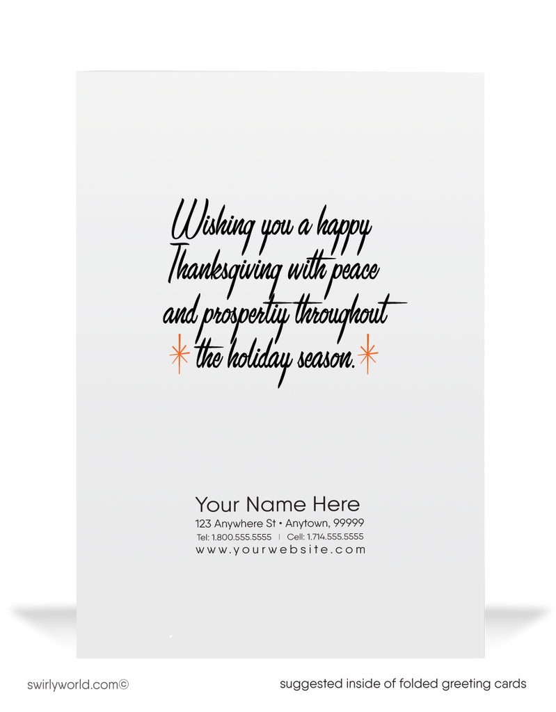 1950s Vintage Mid-Century Thanksgiving Card with Retro Turkey and Starbursts