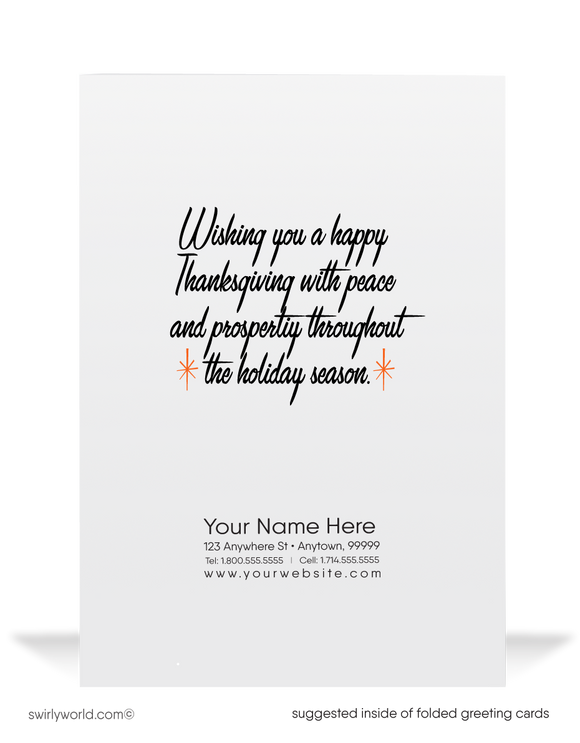 Embrace 1950s-60s charm with Swirly World's vintage Thanksgiving card! Featuring a turkey holding a "Happy Thanksgiving" sign in retro typography, this design includes atomic starbursts on a green and yellow fall backdrop. Customize via Corjl, with flat or folded styles and optional custom envelopes for a personal touch.