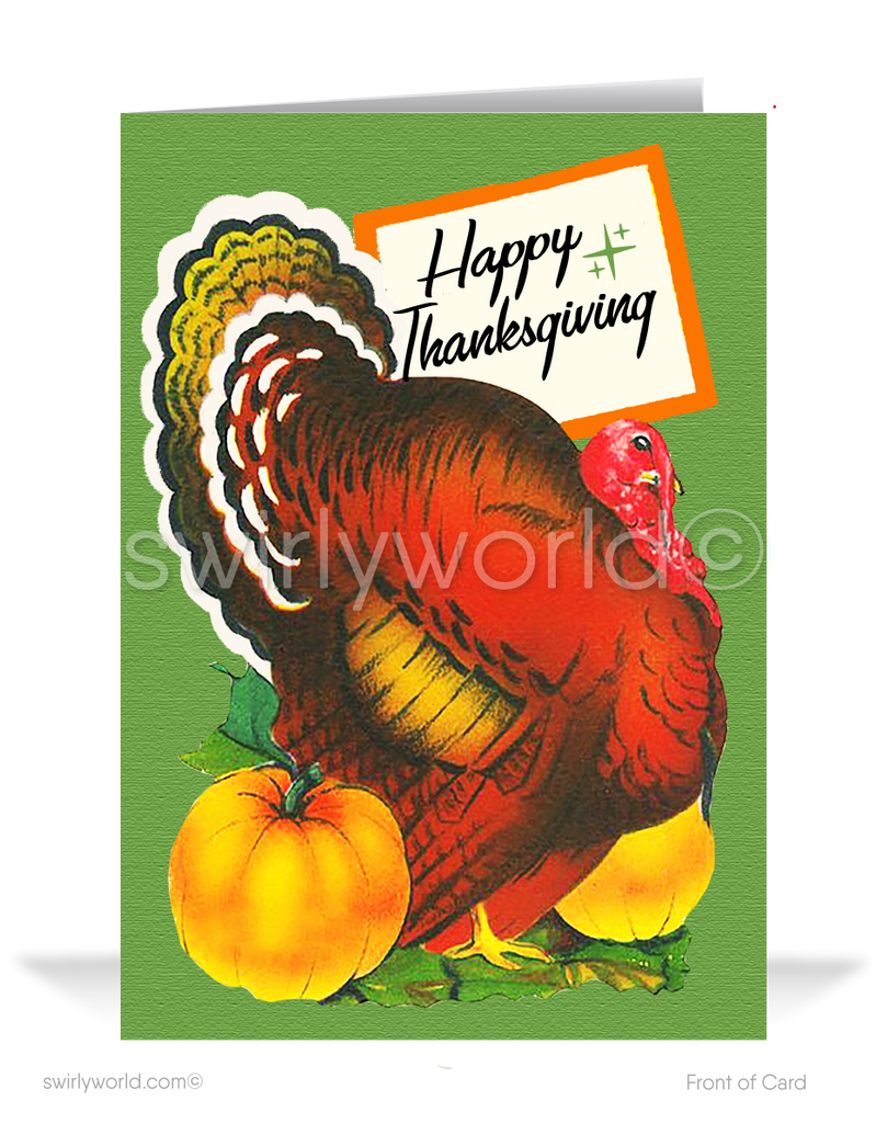 Embrace 1950s-60s charm with Swirly World's vintage Thanksgiving card! Featuring a turkey holding a "Happy Thanksgiving" sign in retro typography, this design includes atomic starbursts on a green and yellow fall backdrop. Customize via Corjl, with flat or folded styles and optional custom envelopes for a personal touch.