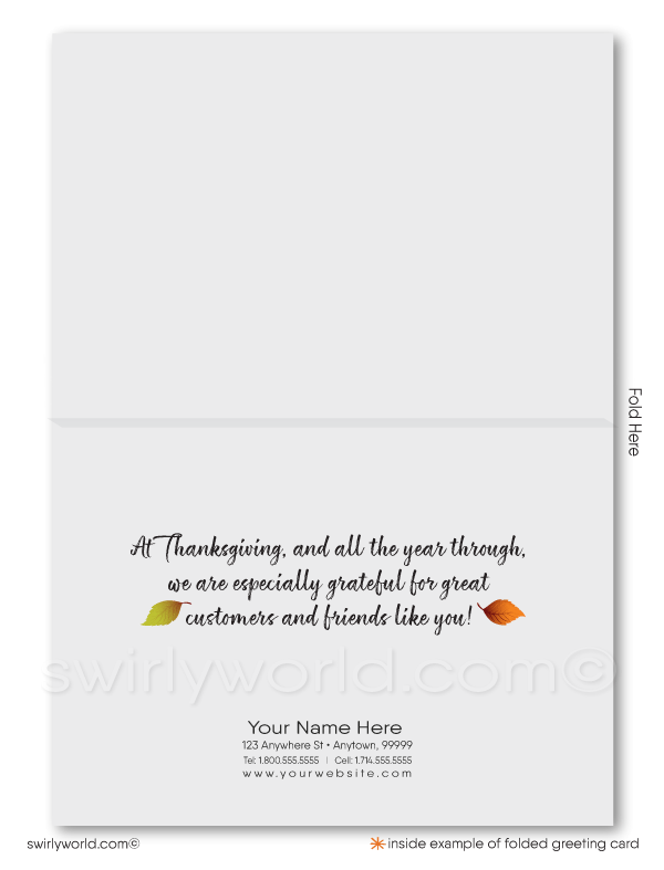 Celebrate fall with Swirly World's whimsical Thanksgiving greeting card, adorned with vibrant autumn leaves in rich fall hues. Crafted on premium card stock, choose from flat or folded styles. Upgrade to custom printed envelopes for a personal touch and have everything shipped to your door hassle-free.