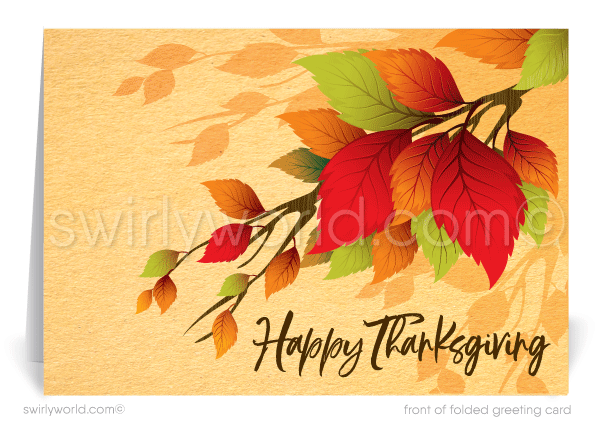 Celebrate fall with Swirly World's whimsical Thanksgiving greeting card, adorned with vibrant autumn leaves in rich fall hues. Crafted on premium card stock, choose from flat or folded styles. Upgrade to custom printed envelopes for a personal touch and have everything shipped to your door hassle-free.