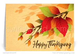 Celebrate fall with Swirly World's whimsical Thanksgiving greeting card, adorned with vibrant autumn leaves in rich fall hues. Crafted on premium card stock, choose from flat or folded styles. Upgrade to custom printed envelopes for a personal touch and have everything shipped to your door hassle-free.
