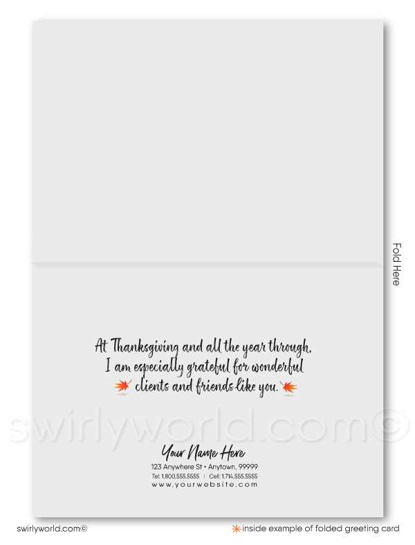 Swirly World Thanksgiving Cards - Share Thanksgiving warmth with our realtor-themed greeting cards, featuring fall foliage cascading over a charming rooftop scene. Perfect for real estate professionals, these premium cards are customizable with your message and logo, leaving a memorable impression on valued clients this season.