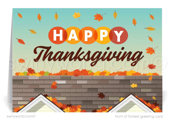 Swirly World Thanksgiving Cards - Share Thanksgiving warmth with our realtor-themed greeting cards, featuring fall foliage cascading over a charming rooftop scene. Perfect for real estate professionals, these premium cards are customizable with your message and logo, leaving a memorable impression on valued clients this season.
