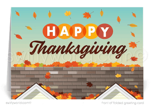 Swirly World Thanksgiving Cards - Share Thanksgiving warmth with our realtor-themed greeting cards, featuring fall foliage cascading over a charming rooftop scene. Perfect for real estate professionals, these premium cards are customizable with your message and logo, leaving a memorable impression on valued clients this season.