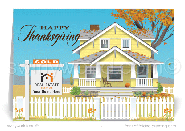 Swirly World Thanksgiving Cards - Celebrate Thanksgiving with our charming card featuring a vintage yellow Craftsman home in autumn’s beauty. Surrounded by vibrant foliage, a cozy porch with a rocking chair, and a festive pumpkin, these customizable cards let you share warm, personalized messages with clients this season.