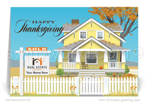 Swirly World Thanksgiving Cards - Celebrate Thanksgiving with our charming card featuring a vintage yellow Craftsman home in autumn’s beauty. Surrounded by vibrant foliage, a cozy porch with a rocking chair, and a festive pumpkin, these customizable cards let you share warm, personalized messages with clients this season.