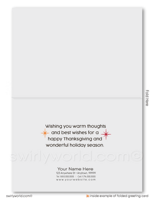 Mid-Century Modern Thanksgiving Card with Retro Lakefront House and Cozy Autumn Scene