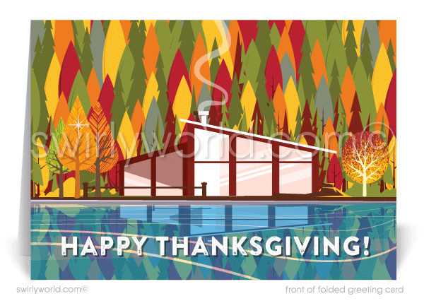 Mid-Century Modern Thanksgiving Card with Retro Lakefront House and Cozy Autumn Scene