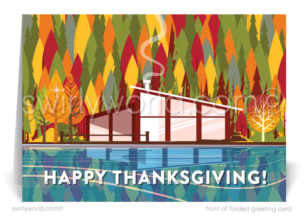 Mid-Century Retro Modern Happy Thanksgiving Cards for Business Customers. Eichler mid-century modern home on Thanksgiving Fall Autumn