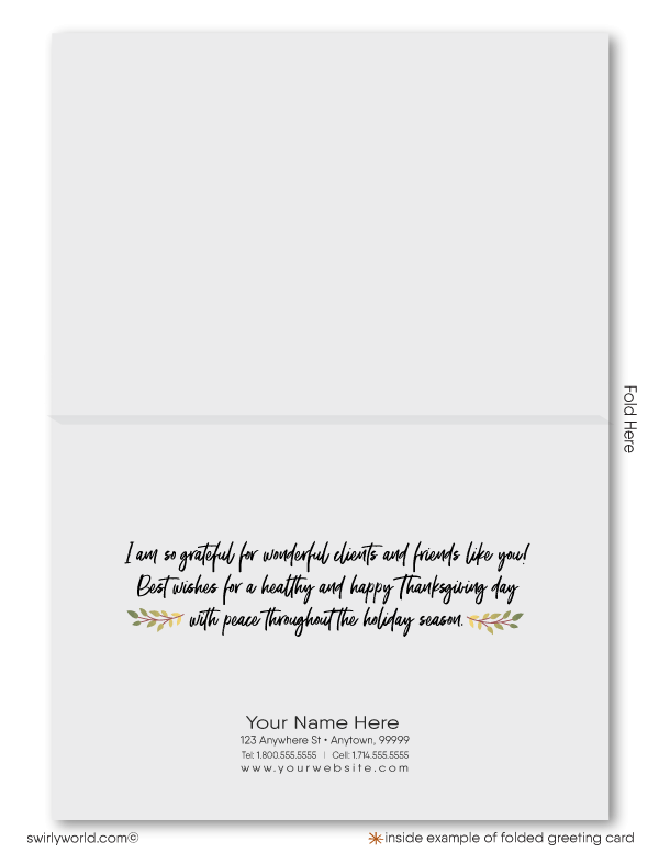 Swirly World Thanksgiving Cards - Embrace autumn’s charm with our watercolor Thanksgiving card, featuring a serene lakeside street with vibrant fall trees and charming home reflections. Perfect for Realtors, these premium, customizable cards help you leave a lasting impression on clients this Thanksgiving season.