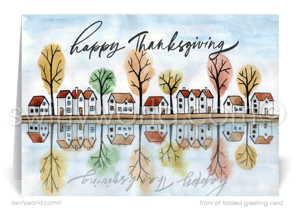 Beautiful professional happy Thanksgiving greeting cards for clients from neighborhood Realtor. Fall foliage autumn season houses in neighborhood.