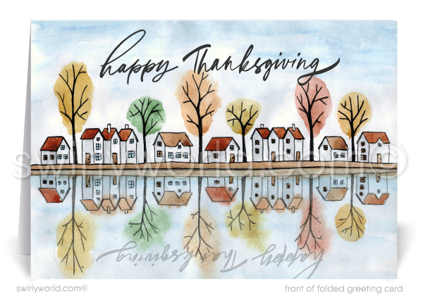 Swirly World Thanksgiving Cards - Embrace autumn’s charm with our watercolor Thanksgiving card, featuring a serene lakeside street with vibrant fall trees and charming home reflections. Perfect for Realtors, these premium, customizable cards help you leave a lasting impression on clients this Thanksgiving season.