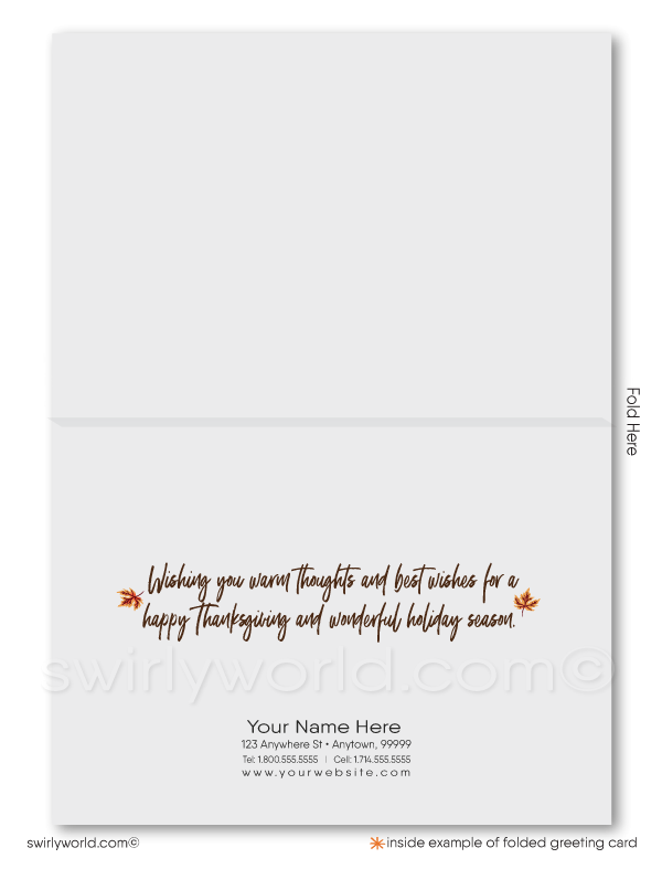 Strengthen client connections with Swirly World's personalized Thanksgiving realtor greeting cards. Customize the woman realtor character's hair, eyes, and skin tone. Choose flat or folded styles, with optional imprinted envelopes. Perfect for showing gratitude to clients in a charming autumn scene!