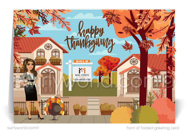 Strengthen client connections with Swirly World's personalized Thanksgiving realtor greeting cards. Customize the woman realtor character's hair, eyes, and skin tone. Choose flat or folded styles, with optional imprinted envelopes. Perfect for showing gratitude to clients in a charming autumn scene!